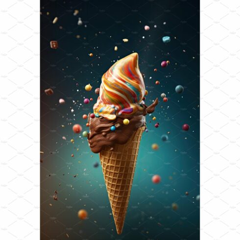 Ice cream in cone with chocolate cover image.