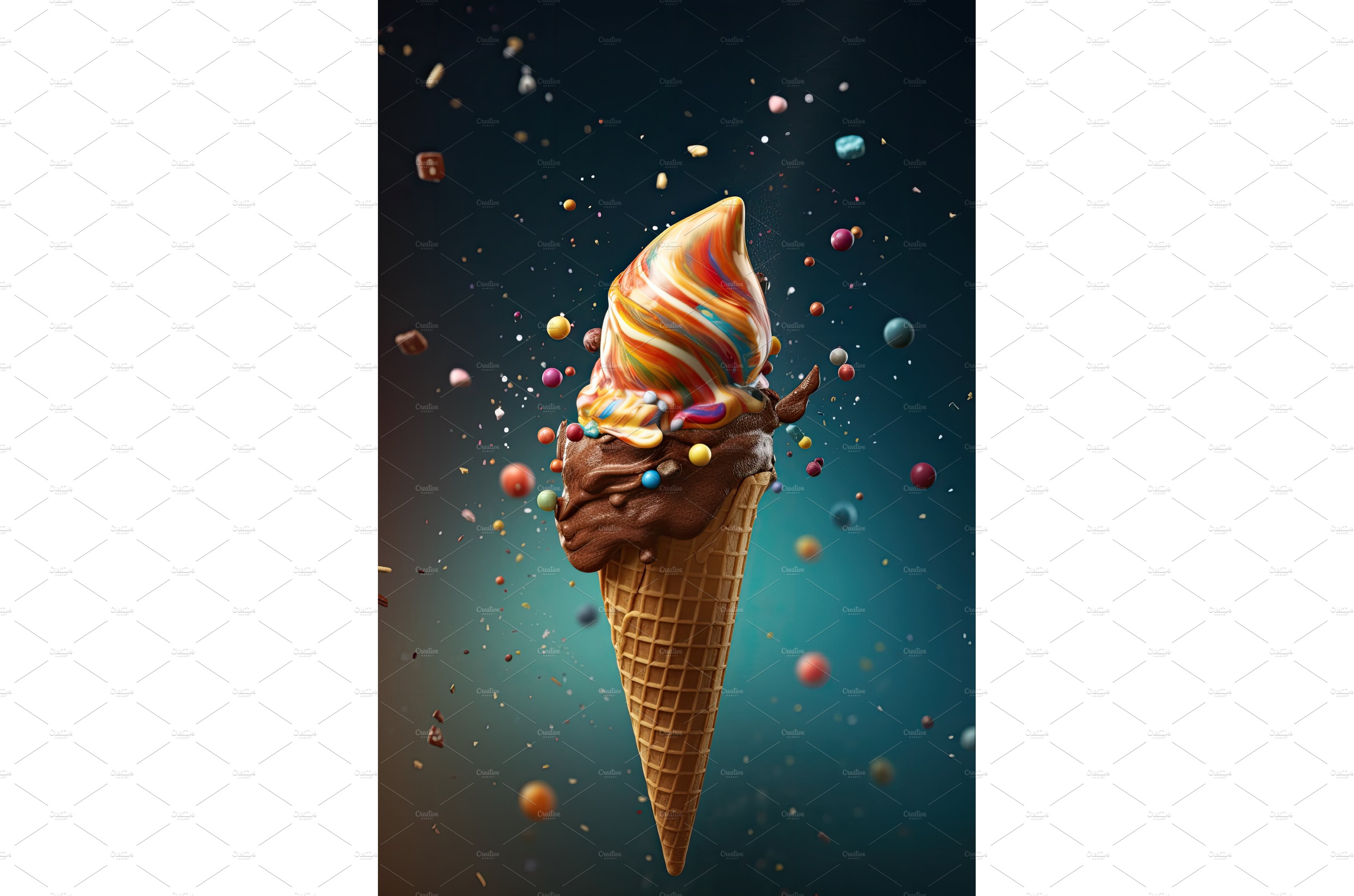 Ice cream in cone with chocolate cover image.