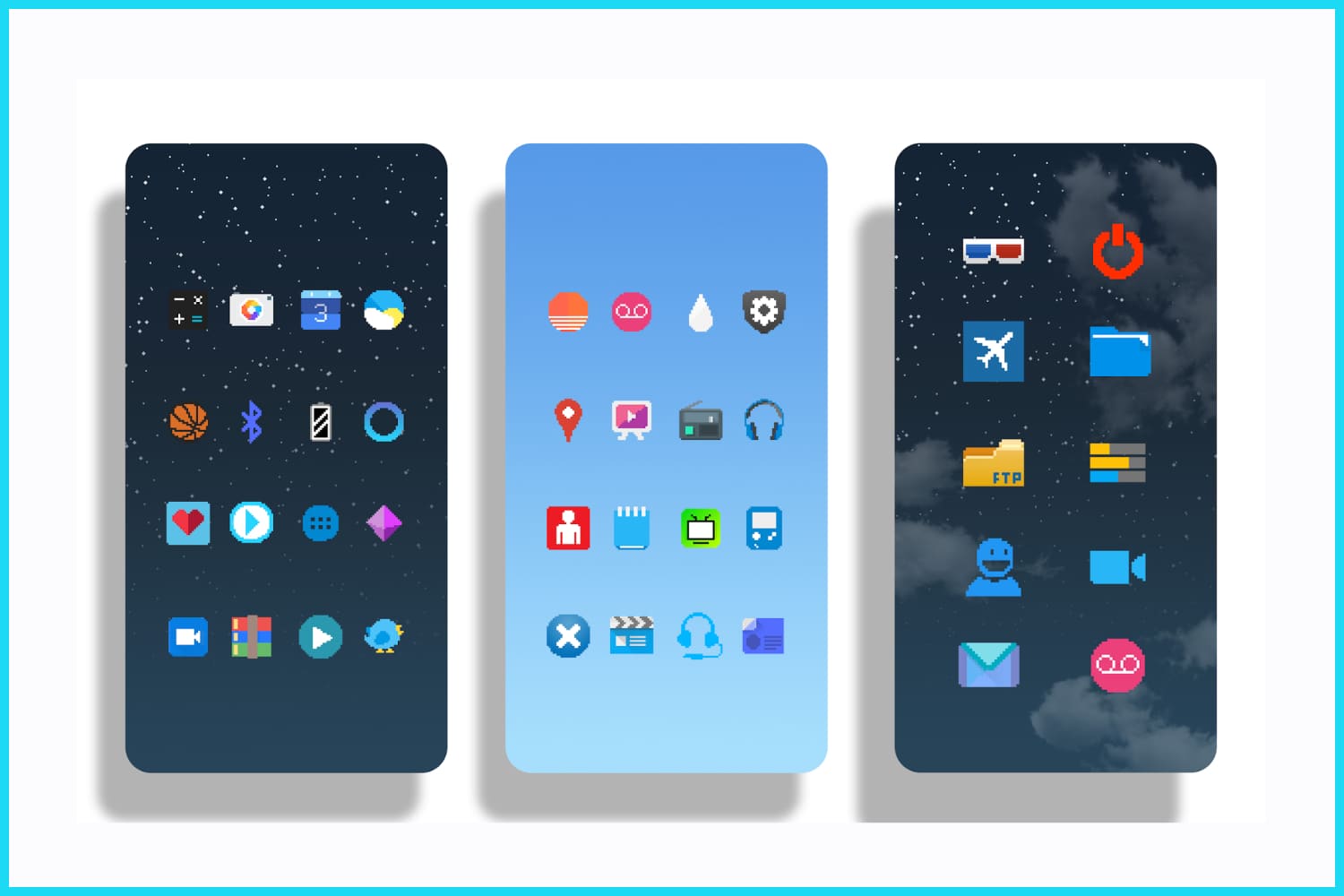 Collage of smartphone screens with icons in retro style on them.