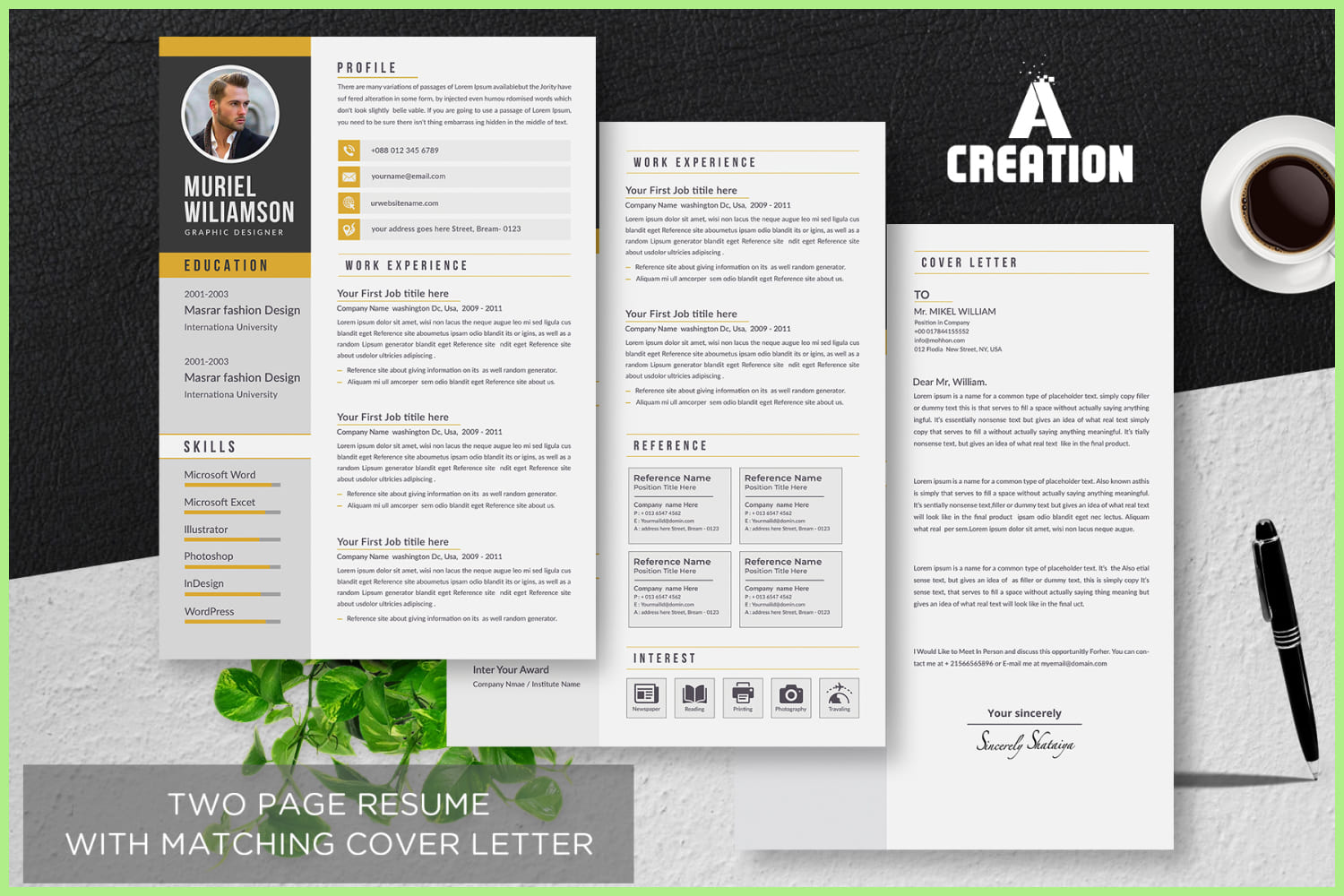Three resume pages with yellow stripes and accents.