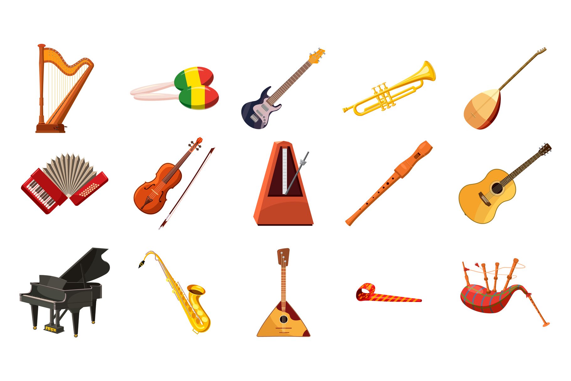 Musical instrument icon set, cartoon cover image.