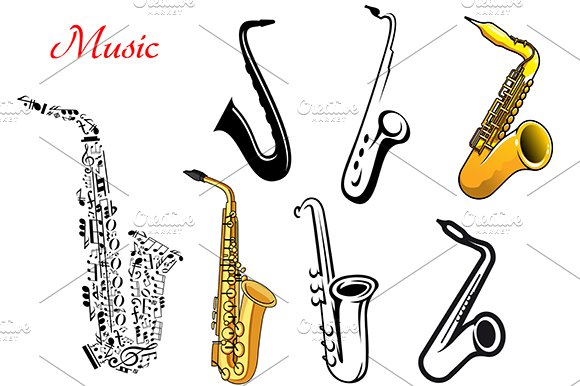 Cartoon saxophone music instruments cover image.