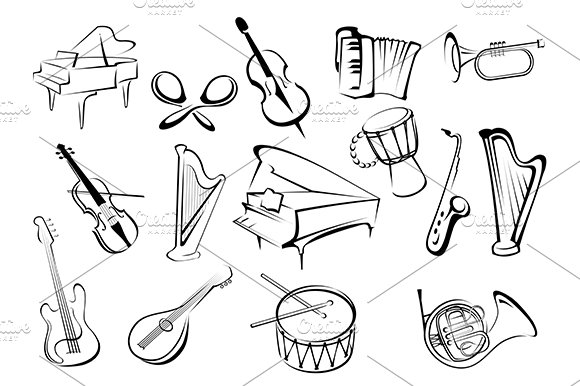 Musical instruments icons in sketch cover image.