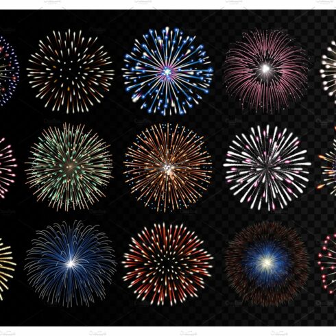 Set of realistic fireworks cover image.