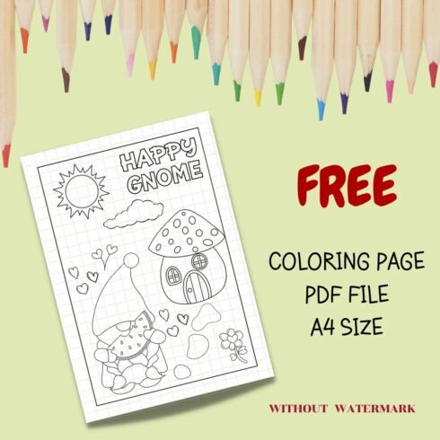 FREE HAPPY GNOME COLORING PAGE cover image.