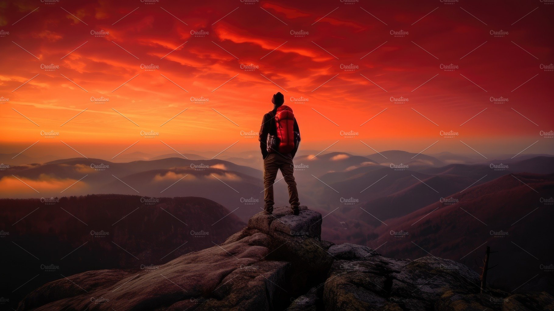 The man atop the red mountain gazed at the setting sun and orang cover image.