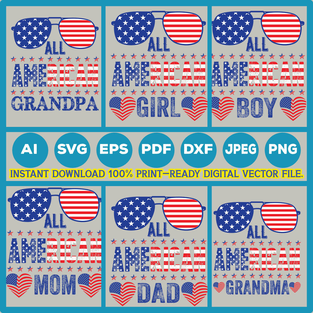 4th July All American Sublimation the Heart of the Family Quotes Bundle Vintage Typography Retro Svg Bundle T-Shirt Design Happy M4th July All American Sublimation Love is the Heart of the Family, It's All About Happy Mother Day Vintage Typography Retro Tshirt Design | Ai, Svg, Eps, Dxf, PDF, Jpeg, Png, Instant download Digital File T-Shirt Design | 100% print-ready Digital vector file preview image.