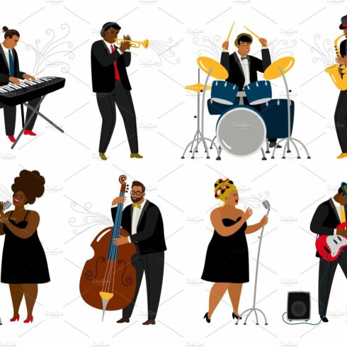 Cartoon jazz band musicians cover image.