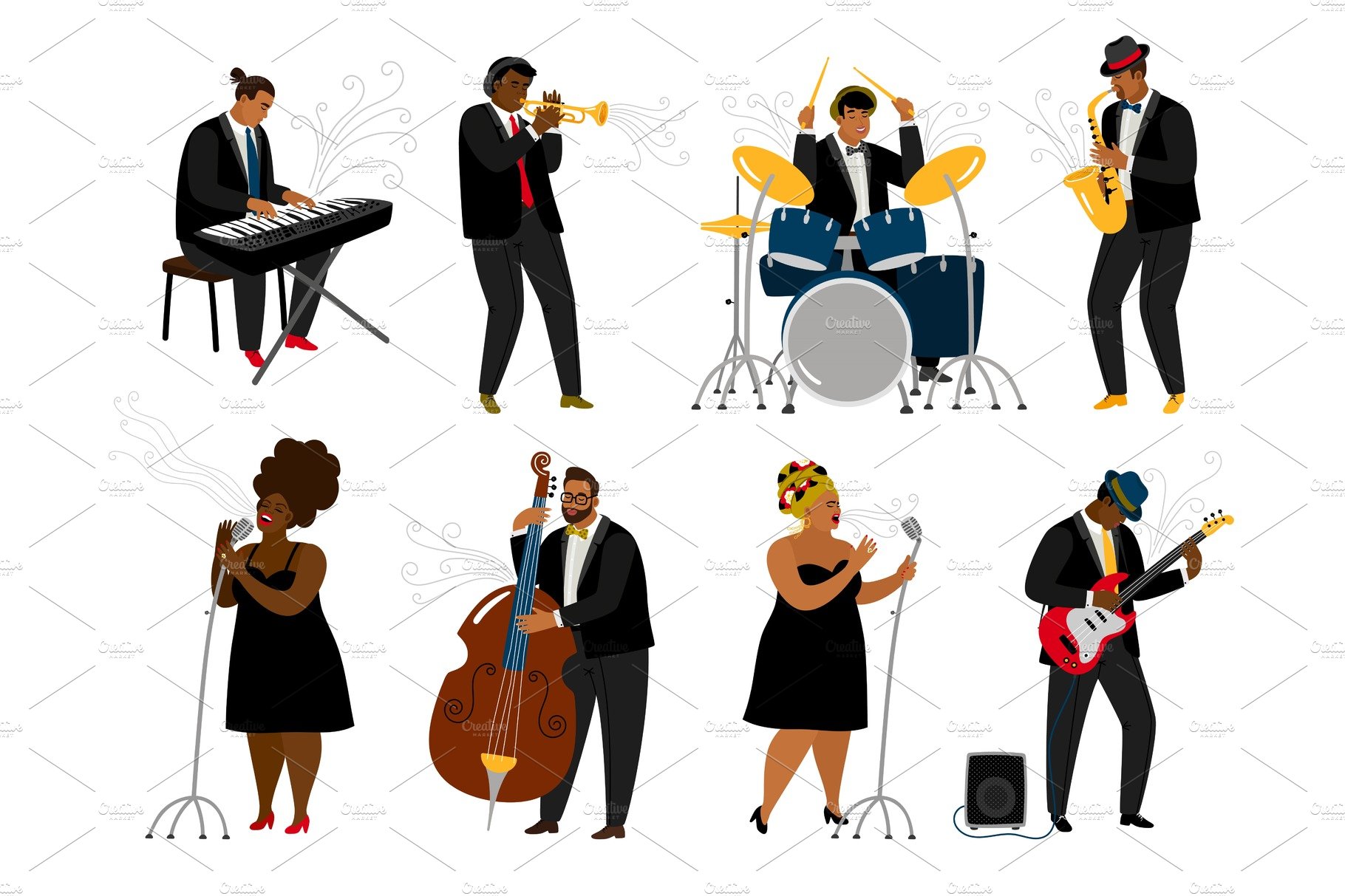 Cartoon jazz band musicians cover image.