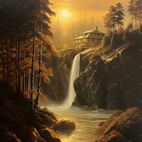 Beautiful vertical landscape with tall mountains, waterfall and a river. Ge... cover image.