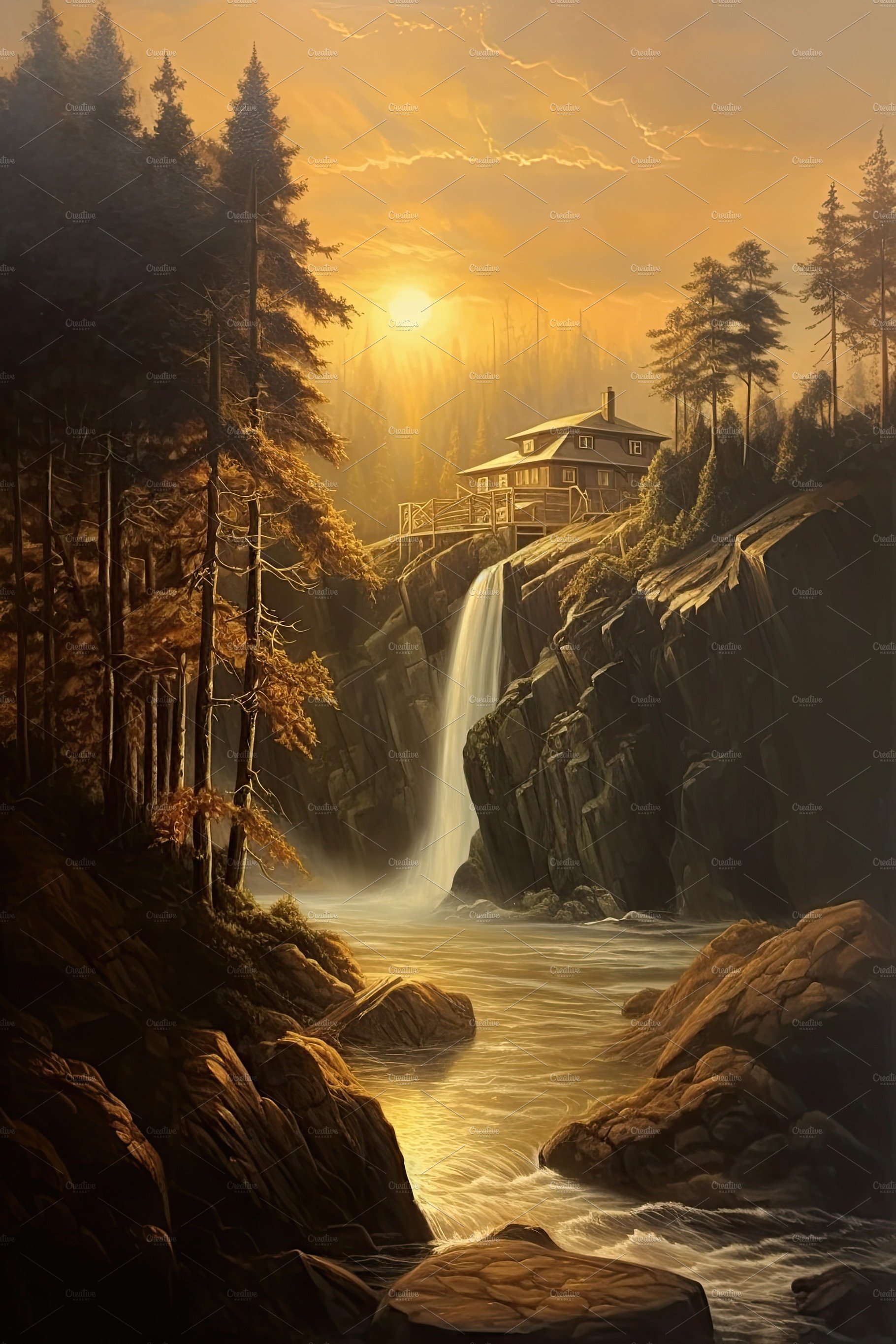 Beautiful vertical landscape with tall mountains, waterfall and a river. Ge... cover image.