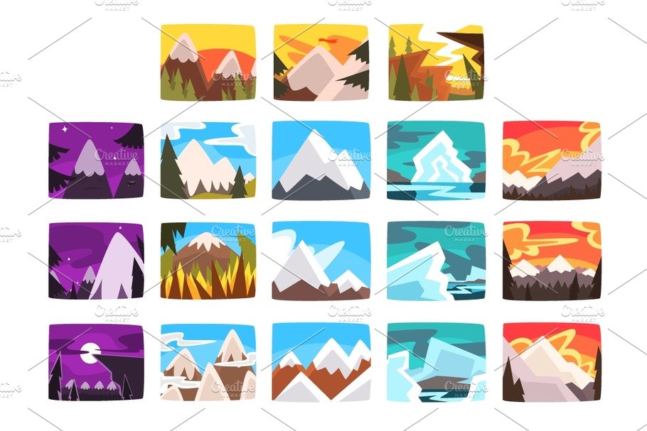 Beautiful mountain landscapes set in different times of day cover image.