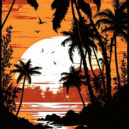 Silhouette palm tree on beach under sunset sky background. Orang cover image.