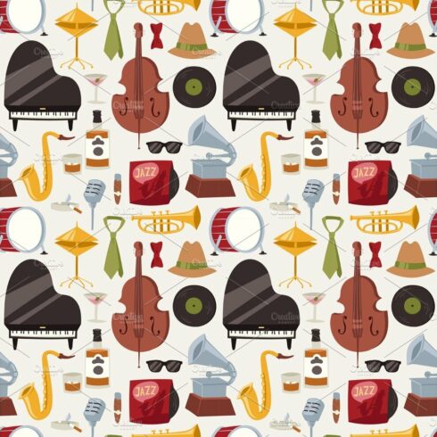 Jazz musical instruments jazzband music seamless pattern background vector cover image.
