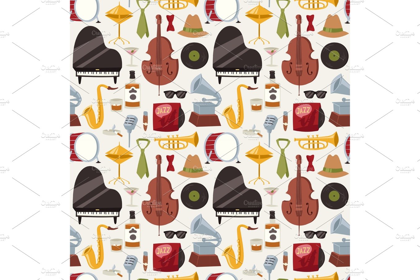 Jazz musical instruments jazzband music seamless pattern background vector cover image.