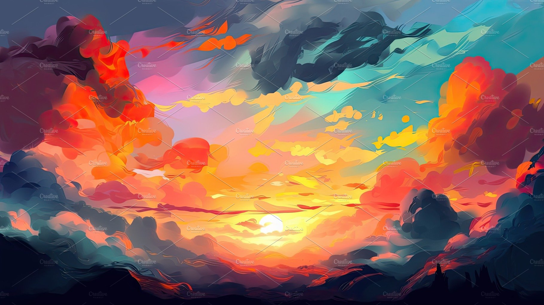 Illustrated sky with clouds, sun, stars, and sunrise or sunset. cover image.