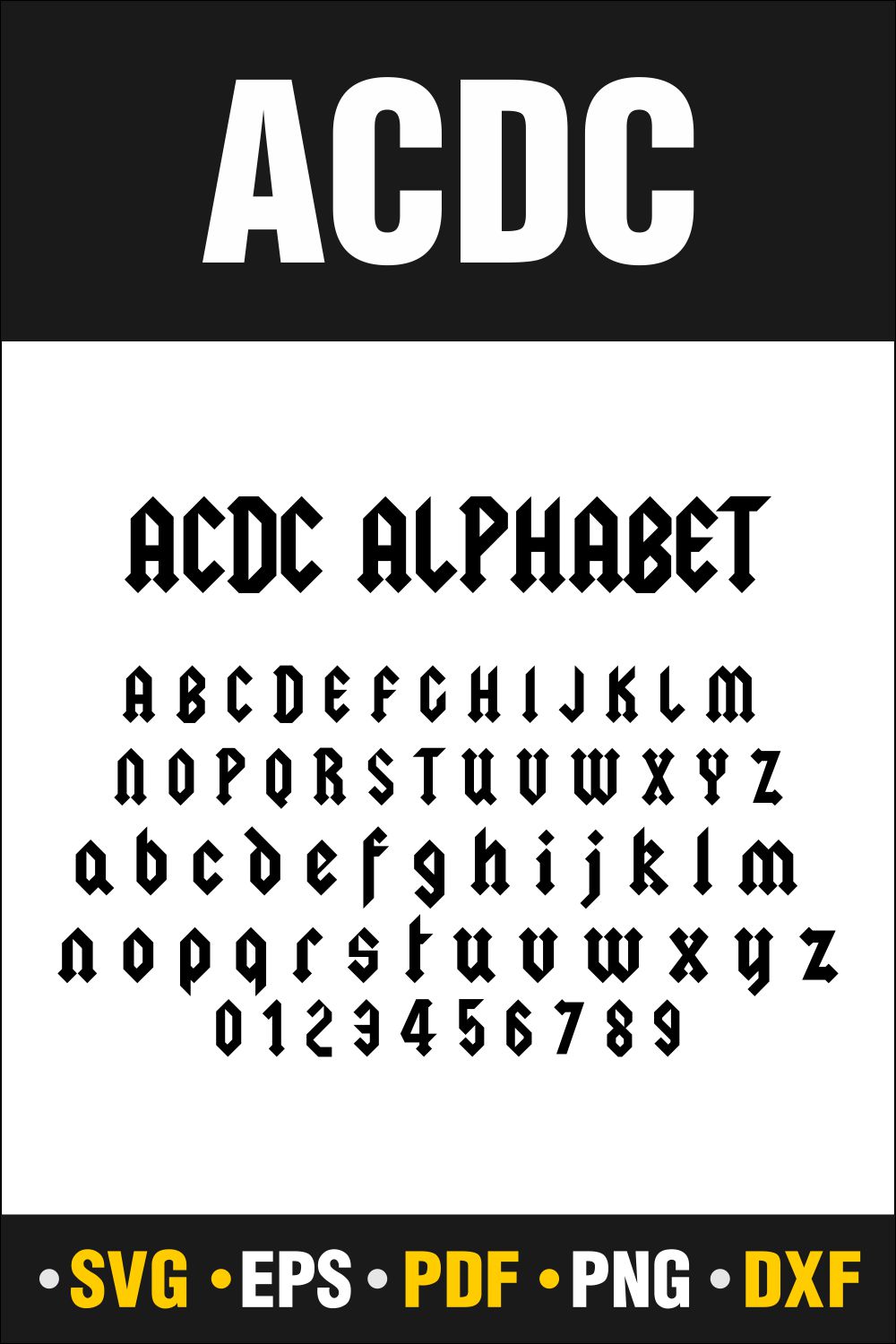 ACDC Font Svg, ACDC Alphabets Svg, Australian rock band design, Vector Cut file Cricut, Silhouette, Pdf Png, Dxf, Decal, Sticker, Stencil, Vinyl pinterest preview image.