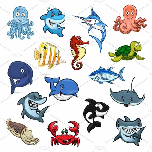 Sea and ocean animals, fish cartoon icons cover image.