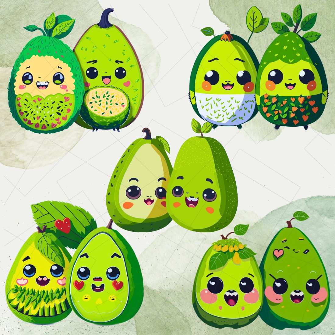 Cute Kawaii Avocado Couple Sublimation Clipart preview image.