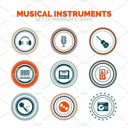 Set of musical instruments vector premium stamps cover image.