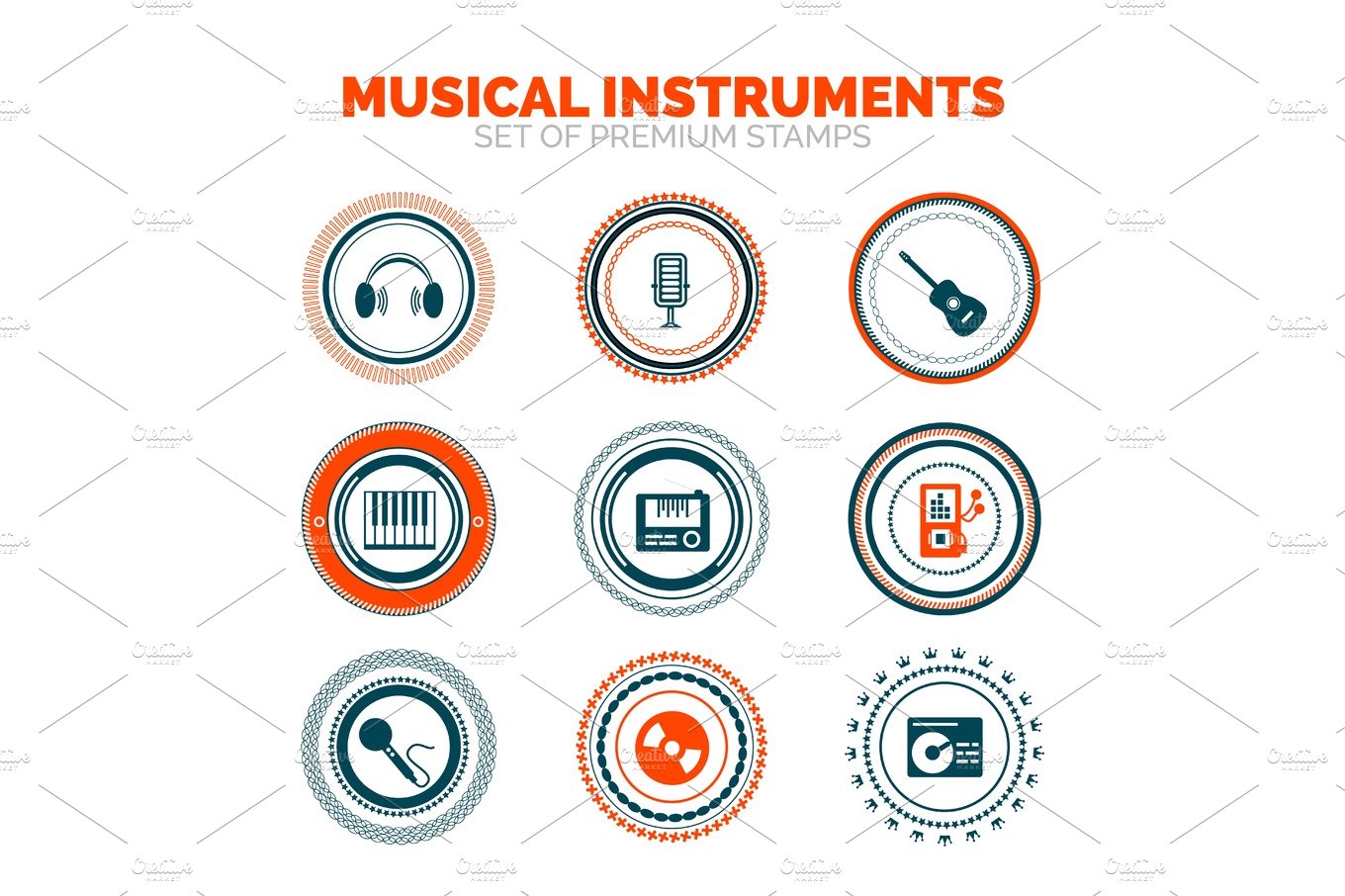 Set of musical instruments vector premium stamps cover image.