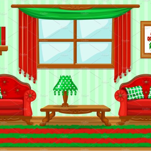 Set cartoon cushioned red and green furniture, Living room cover image.