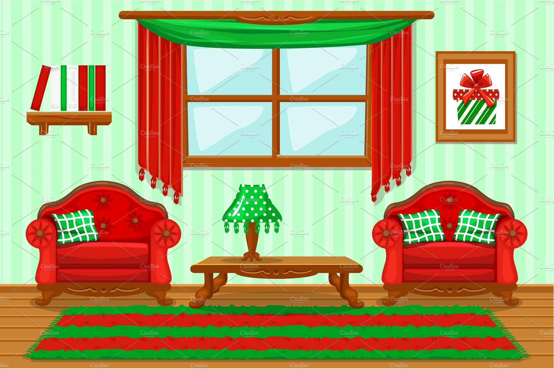 Set cartoon cushioned red and green furniture, Living room cover image.