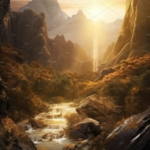 Beautiful vertical landscape with tall mountains, waterfall and a river. Ge... cover image.