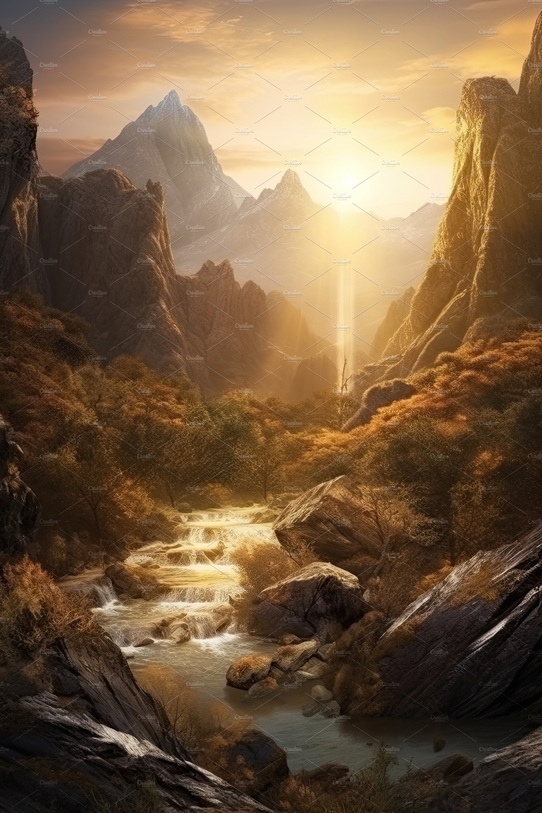 Beautiful vertical landscape with tall mountains, waterfall and a river. Ge... cover image.