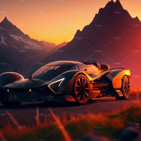 futuristic concept car driving in mountains at sunset cover image.