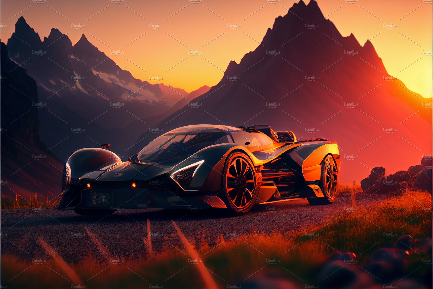 futuristic concept car driving in mountains at sunset cover image.