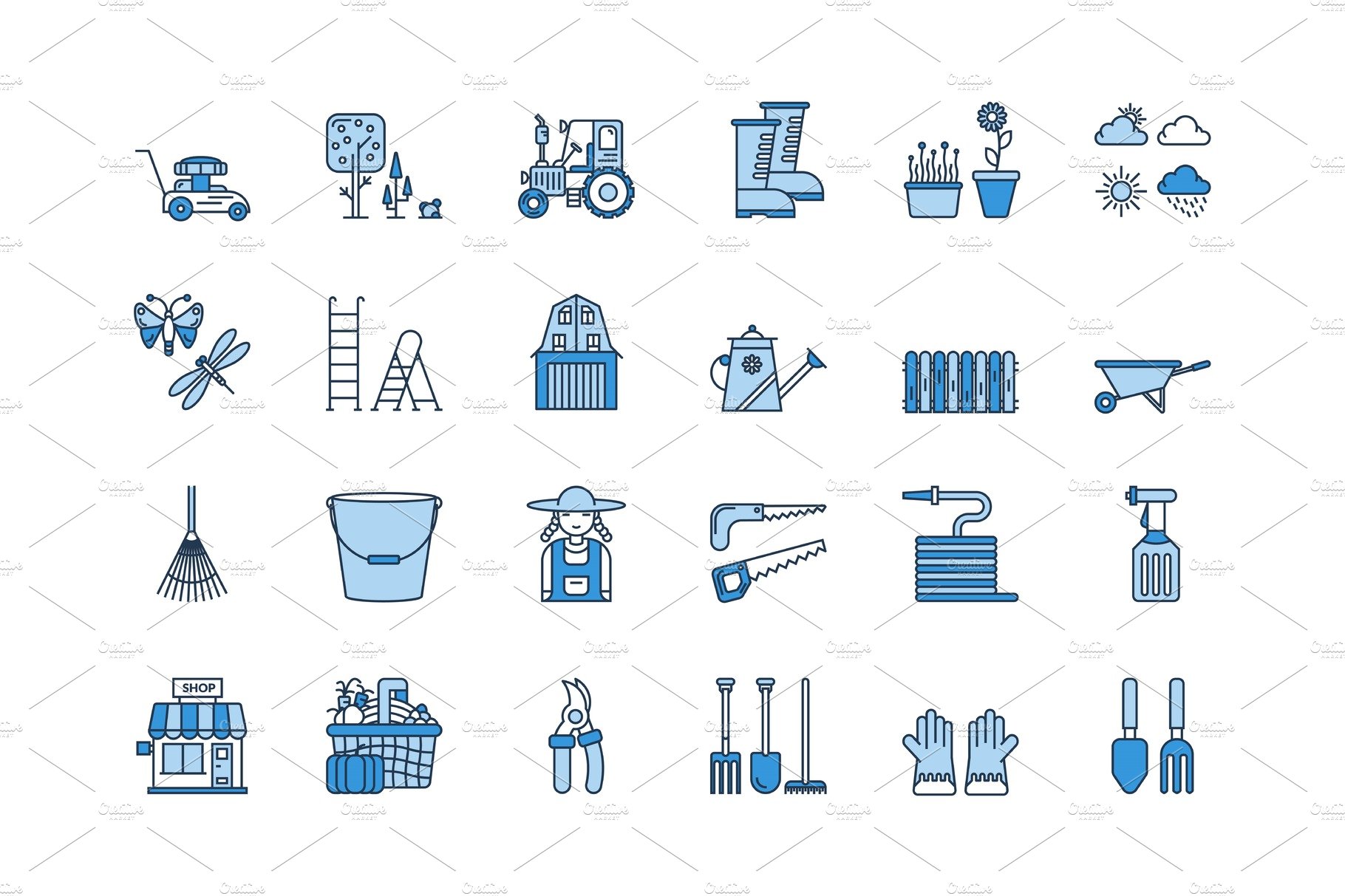 06 Blue linear GARDENING icons set cover image.