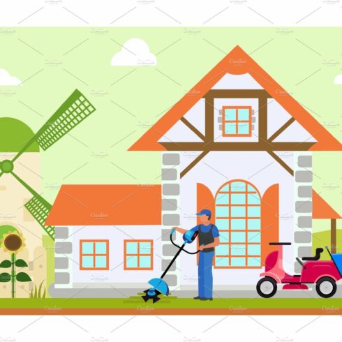 Man worker or owner mows lawn near cover image.