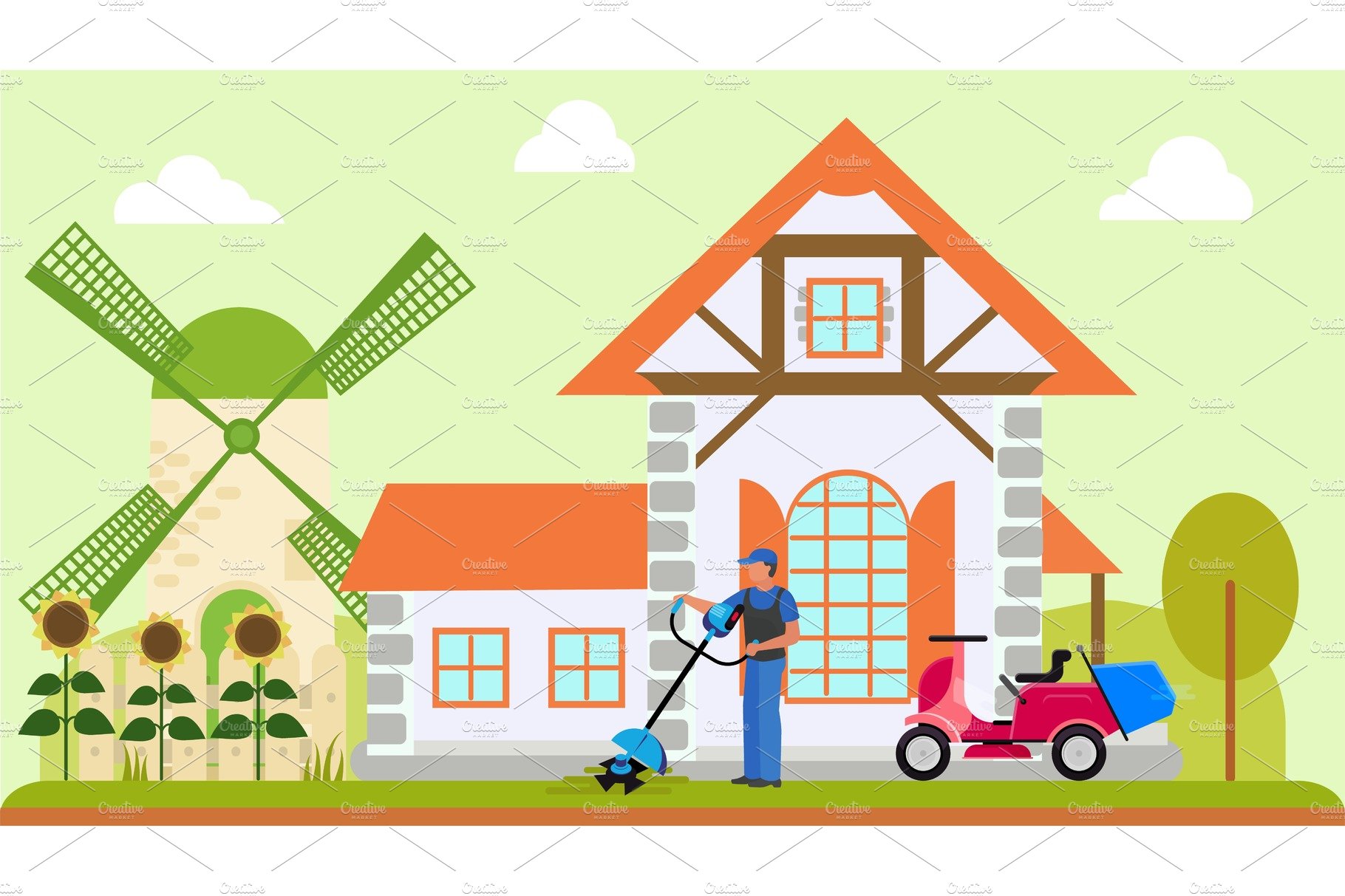 Man worker or owner mows lawn near cover image.