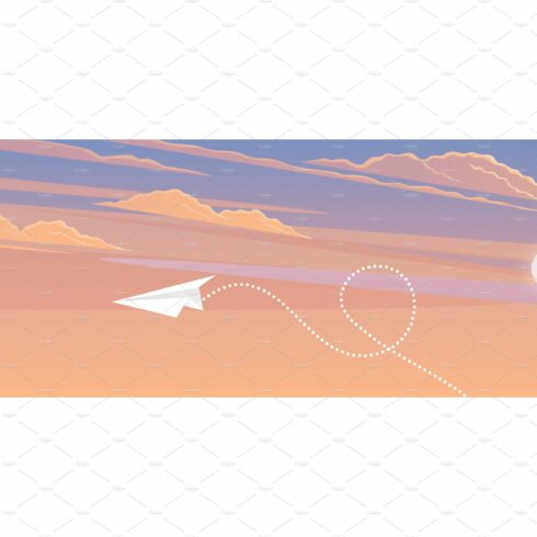 Paper plane flying over sunset sky cover image.