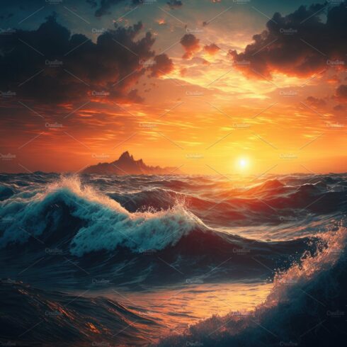 Beautiufl sunset on background and big waves in the sea. stunnin cover image.