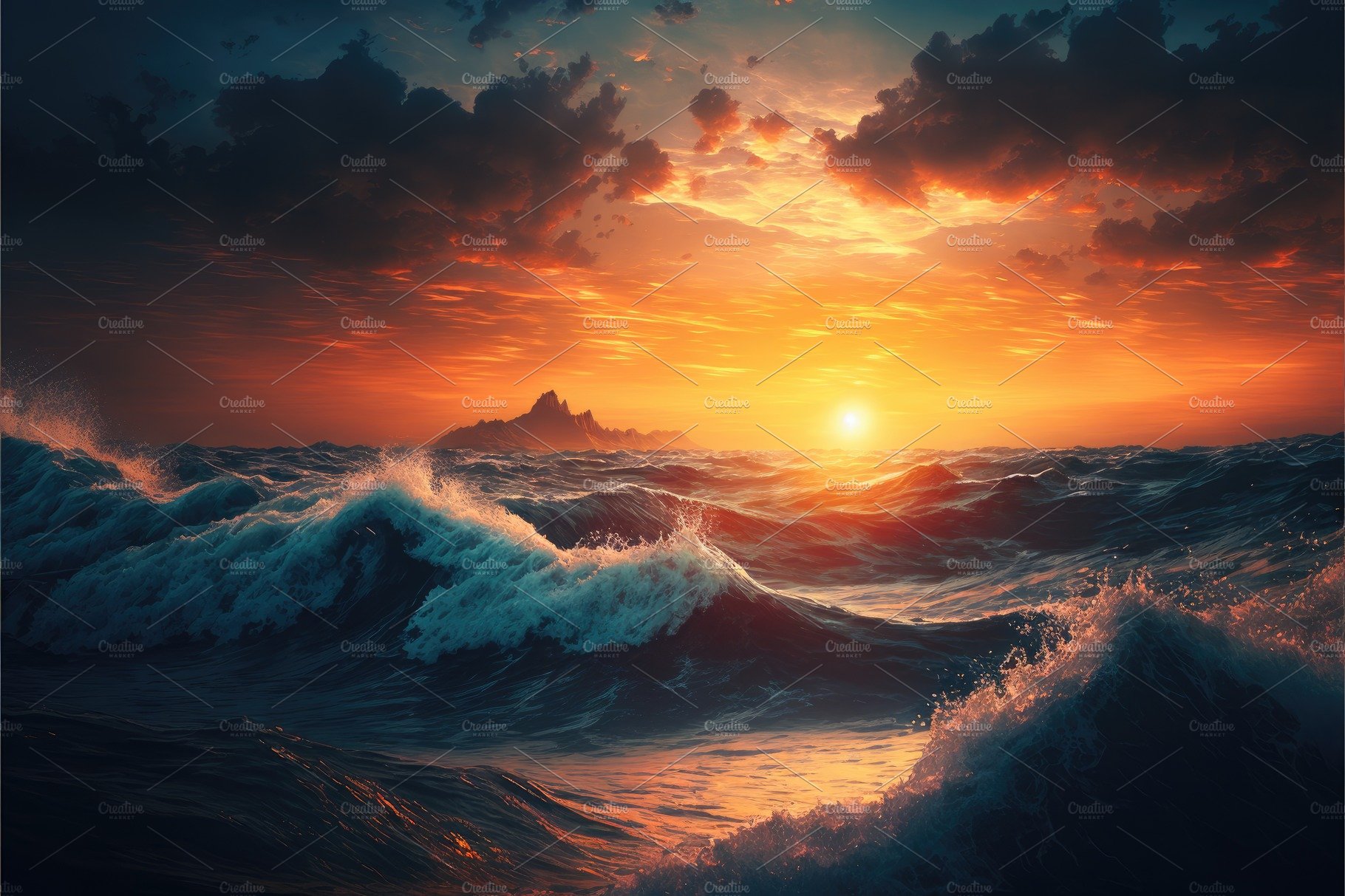 Beautiufl sunset on background and big waves in the sea. stunnin cover image.