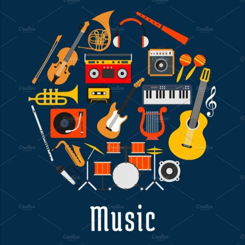Music round symbol with musical instruments cover image.