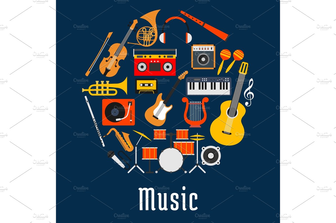 Music round symbol with musical instruments cover image.