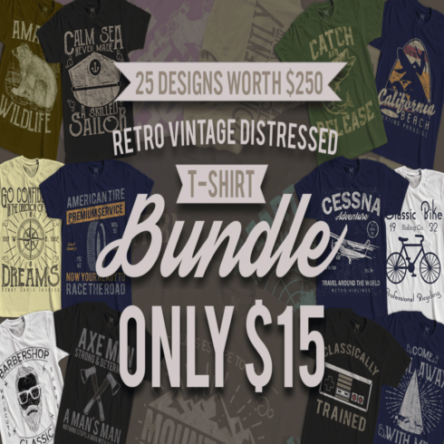 25 Vintage T-Shirt Designs Bundles PNG Retro Collection cover image.