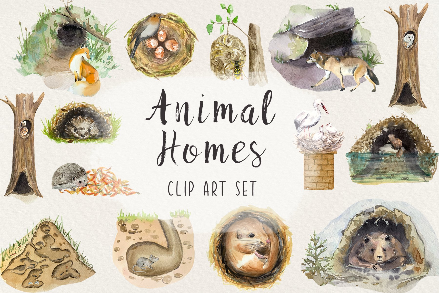Animal Homes - Watercolor Clip Arts cover image.