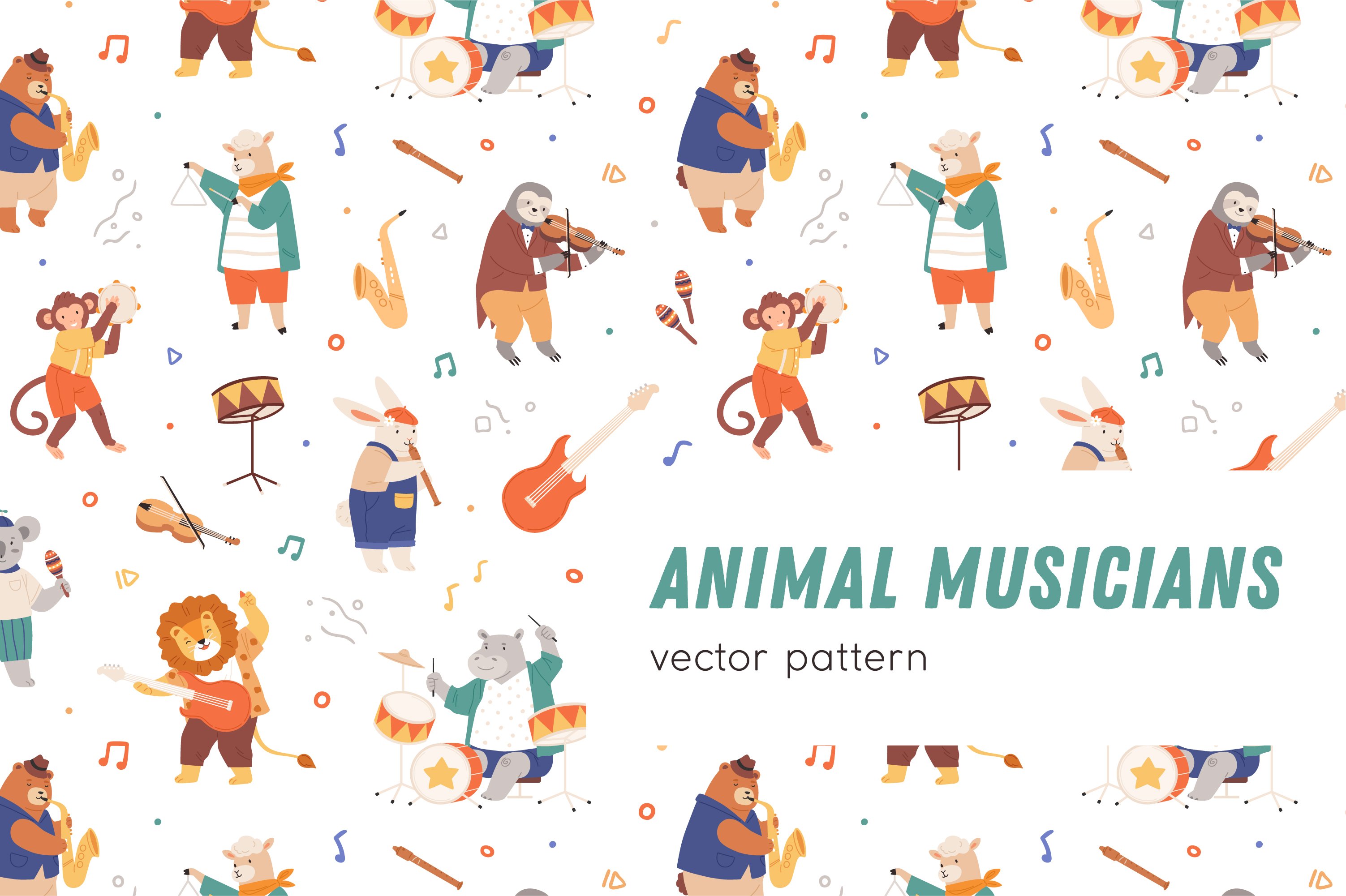 Animals musicians seamless pattern cover image.