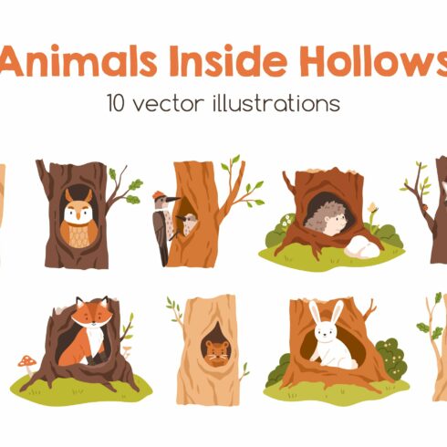 Cute animals, birds in hollows set cover image.