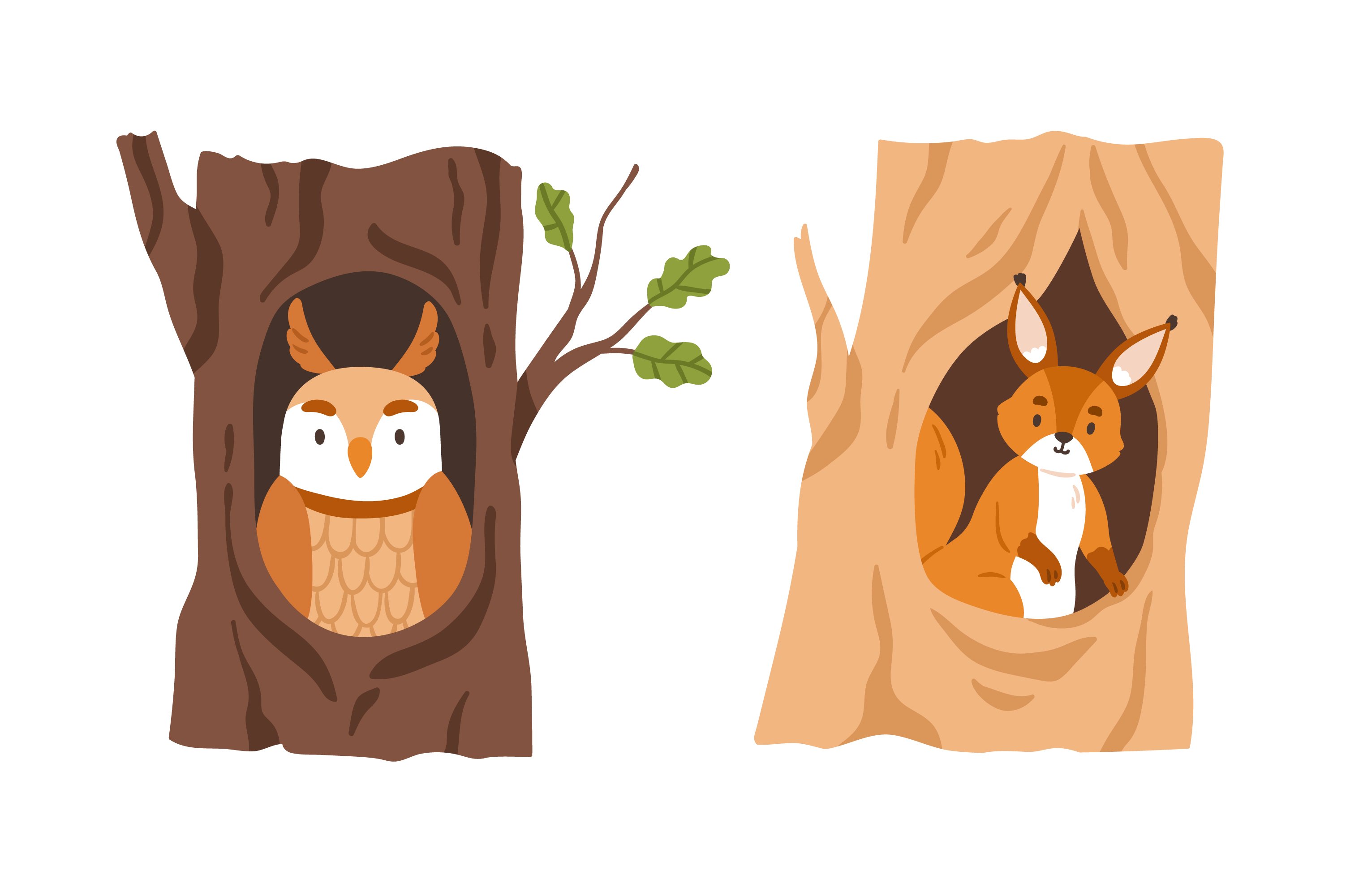Cute animals, birds in hollows set preview image.