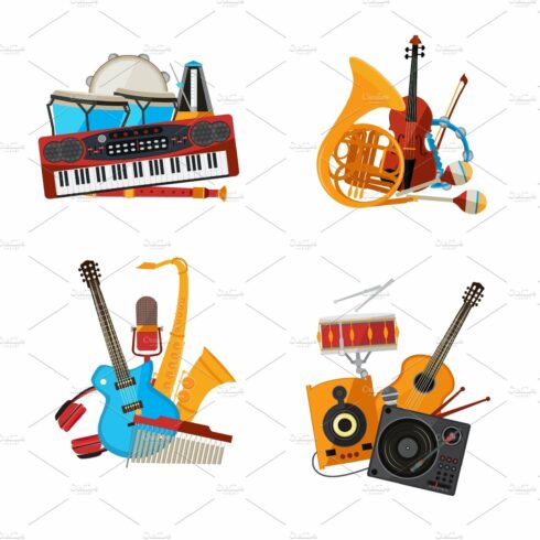 Vector cartoon musical instruments cover image.