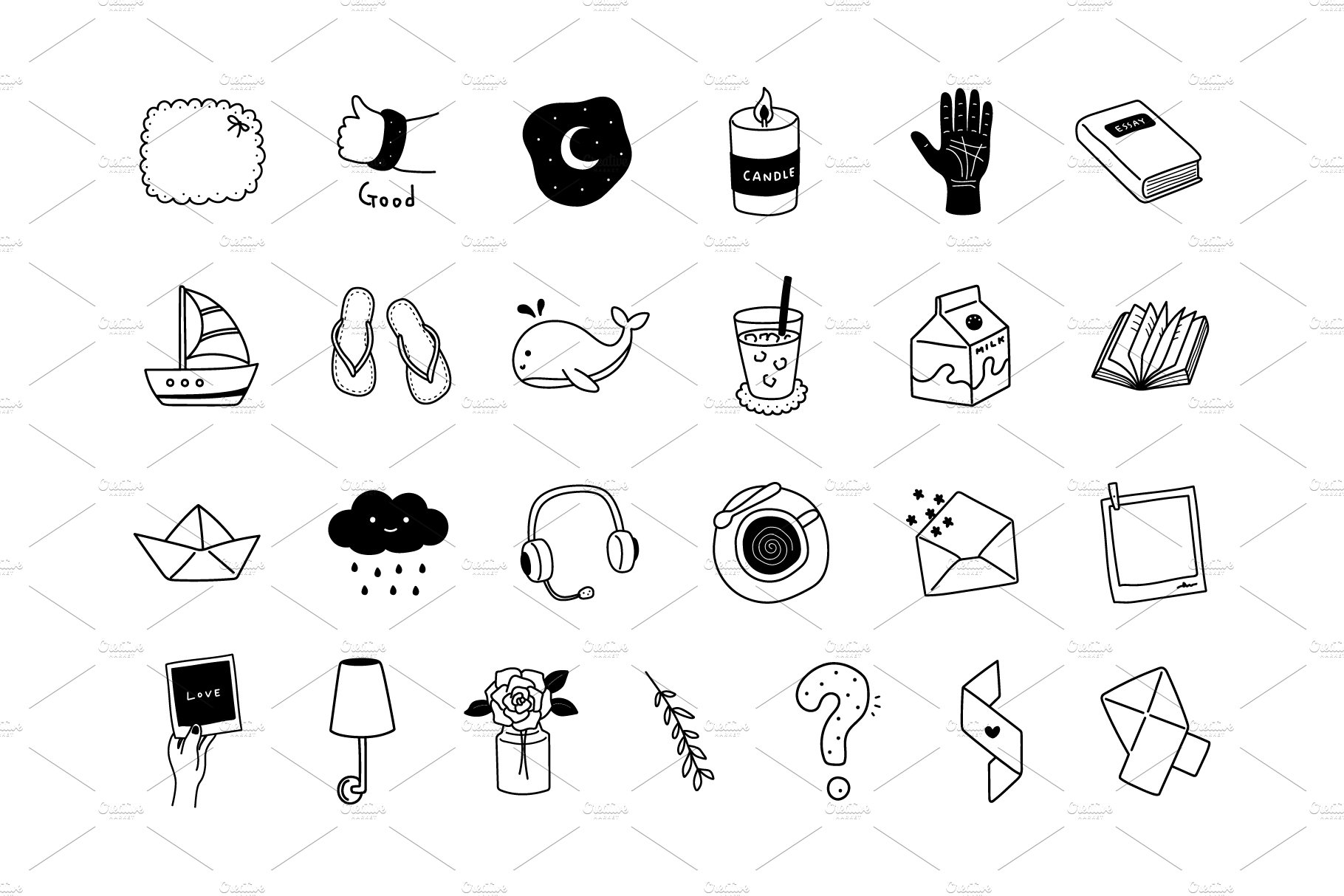 49 black and white doodle icons preview image.