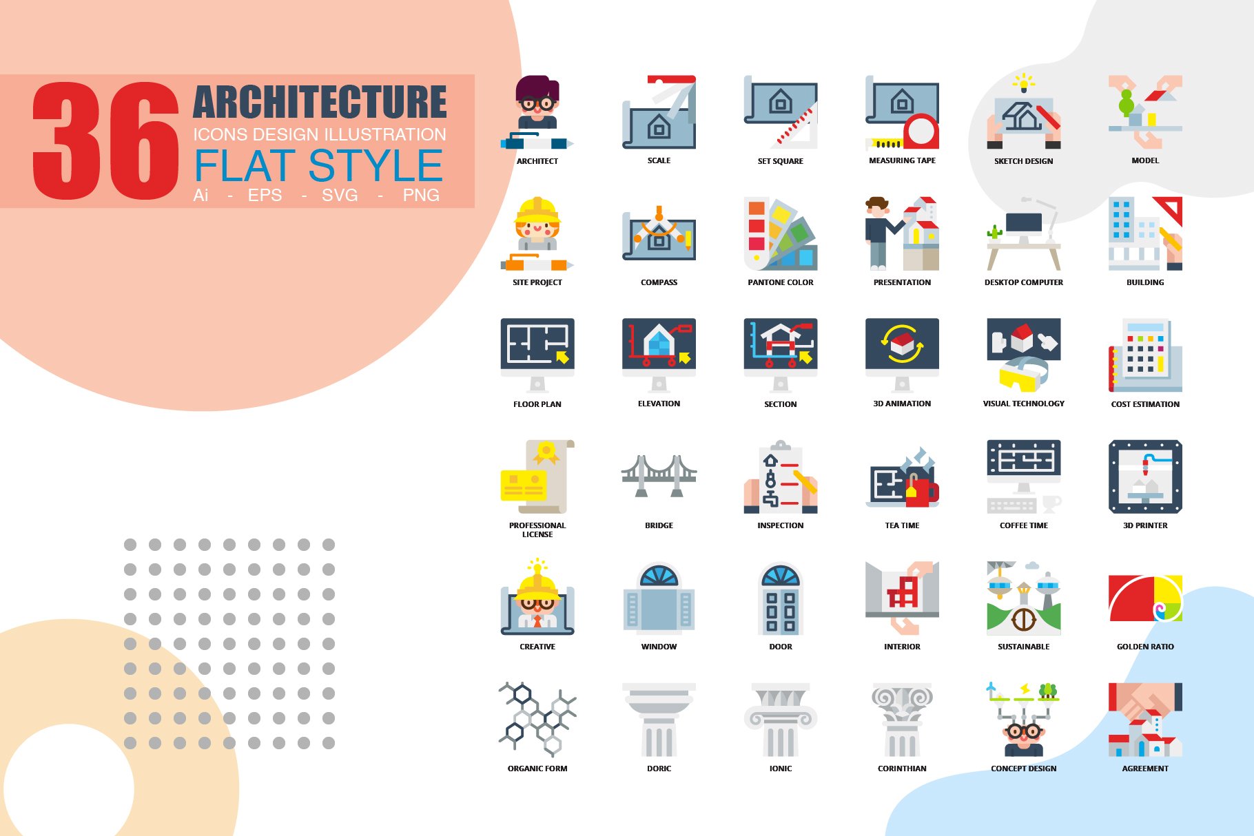 36 Architecture icons set x 3 style preview image.