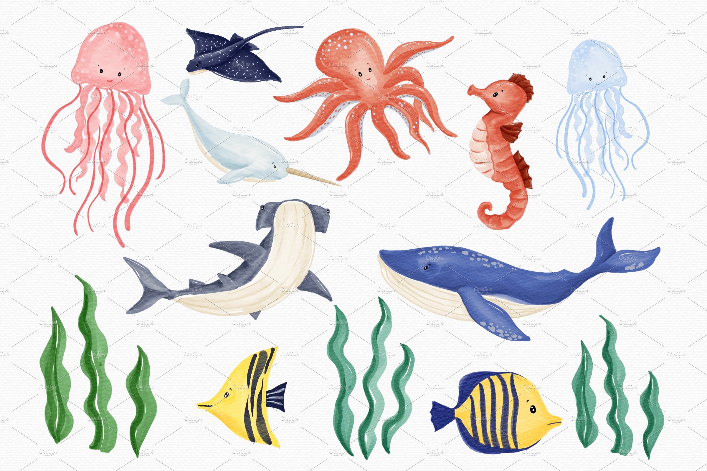 Watercolor Ocean & Sea Animals preview image.