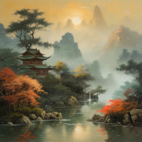 Sunset asian landscape. Generate Ai cover image.