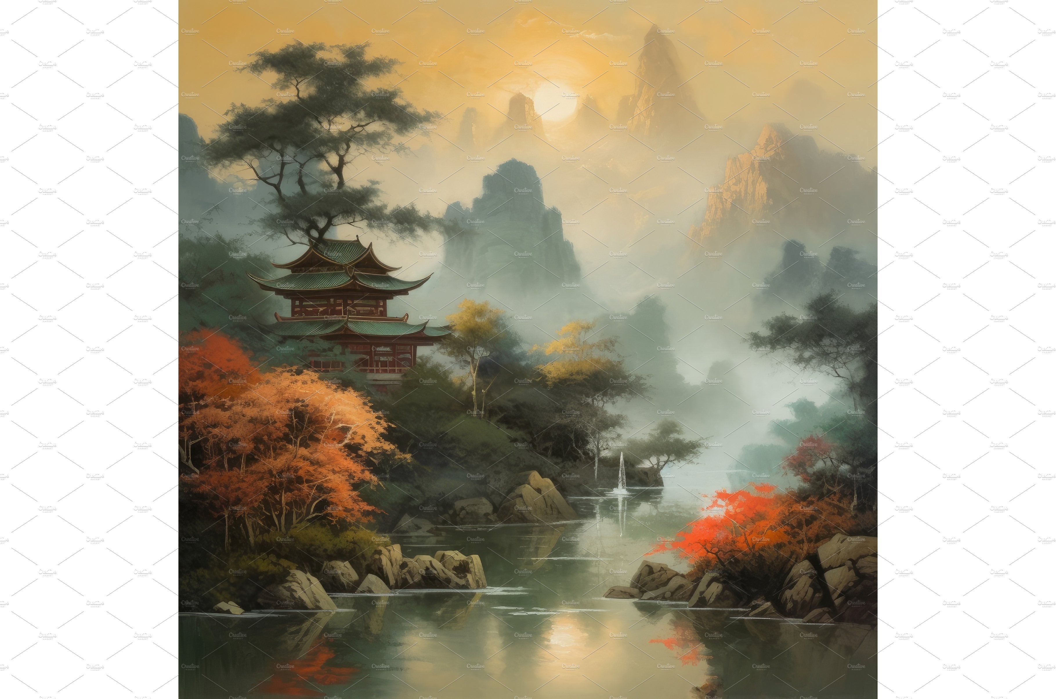 Sunset asian landscape. Generate Ai cover image.